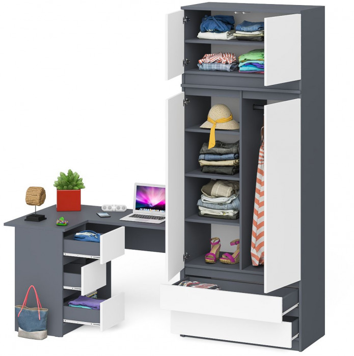 Мори Стол компьютерный МС-16 левый + Шкаф МШ900.1 + Антресоль МА900.1, цвет графит/белый, ШхГхВ 214,8х84,9х234,2 см., выдвиж. ящики слева, НЕ ун. сб.