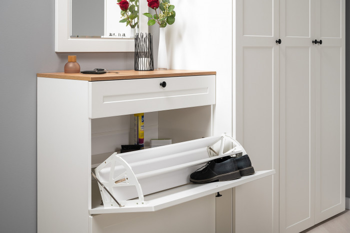 Остин 16.121 Тумба для обуви + 13.257 Тумба, цвет белый шагрень/дуб крафт золотой, ШхГхВ 160х41,9х99,3 см., универсальная сборка