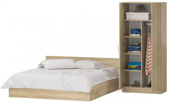 Кровать 1800 + Шкаф 2-х створчатый Стандарт, цвет дуб сонома, ШхГхВ 183,5х203,5х70 + 90х52х200 см., сп.м. 1800х2000 мм., без матраса, основание есть
