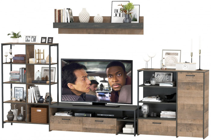 Трувор Гостиная 043, цвет дуб гранж песочный/интра, ШхГхВ 348,8х45,4х210 см., универсальная сборка