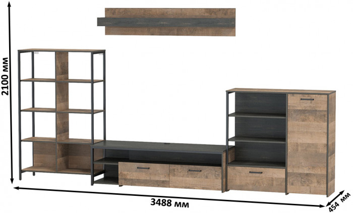 Трувор Гостиная 043, цвет дуб гранж песочный/интра, ШхГхВ 348,8х45,4х210 см., универсальная сборка