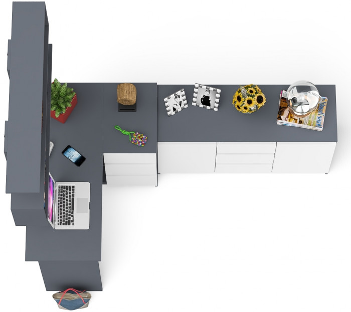 Мори компьютерный стол МС-16 правый + Комод МК1200.3 + Полка 1200, графит/белый