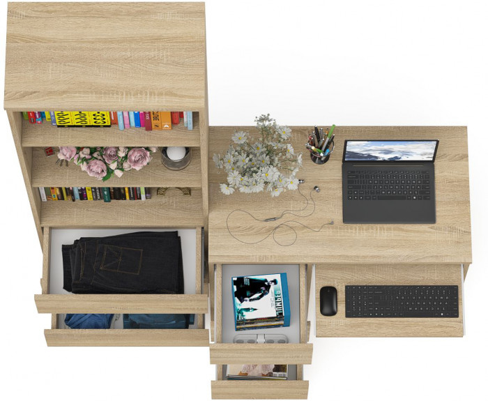 Мори компьютерный стол МС-6 левый + Стеллаж МСТ600.3, дуб сонома