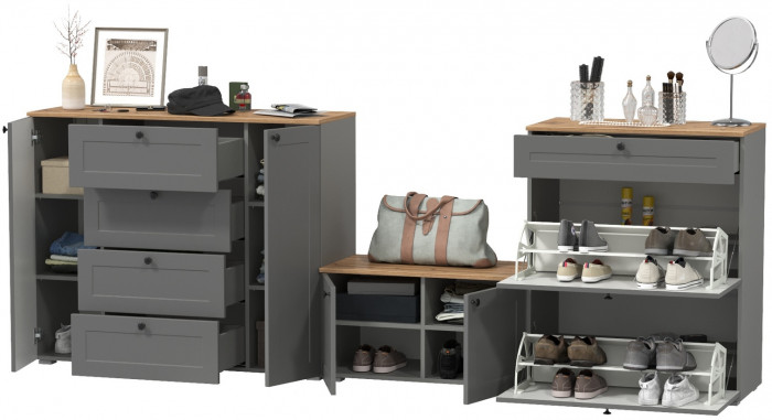 Остин 16.221 Комод + 16.121 Тумба для обуви + 13.257 Тумба, цвет серый графит/дуб крафт золотой, ШхГхВ 280х41,9х99,3 см.
