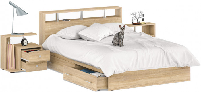 Камелия Кровать с ящиками 1400 + две тумбы, дуб сонома