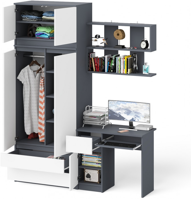 Мори компьютерный стол МС-1 левый + Шкаф МШ900.1 + Антресоль МА900.1 + Полка 900, графит/белый