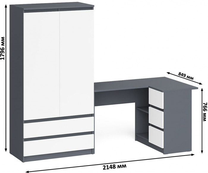 Мори компьютерный стол МС-16 правый + Шкаф МШ900.1, графит/белый