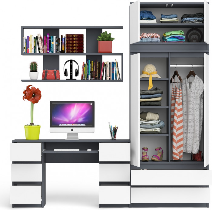 Мори компьютерный стол МС-2 + Шкаф МШ900.1 + Антресоль МА900.1 + Полка 1200, графит/белый