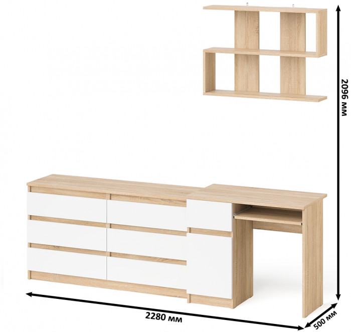 Мори компьютерный стол МС-1 левый + Комод МК1380.6 + Полка 900, дуб сонома/белый