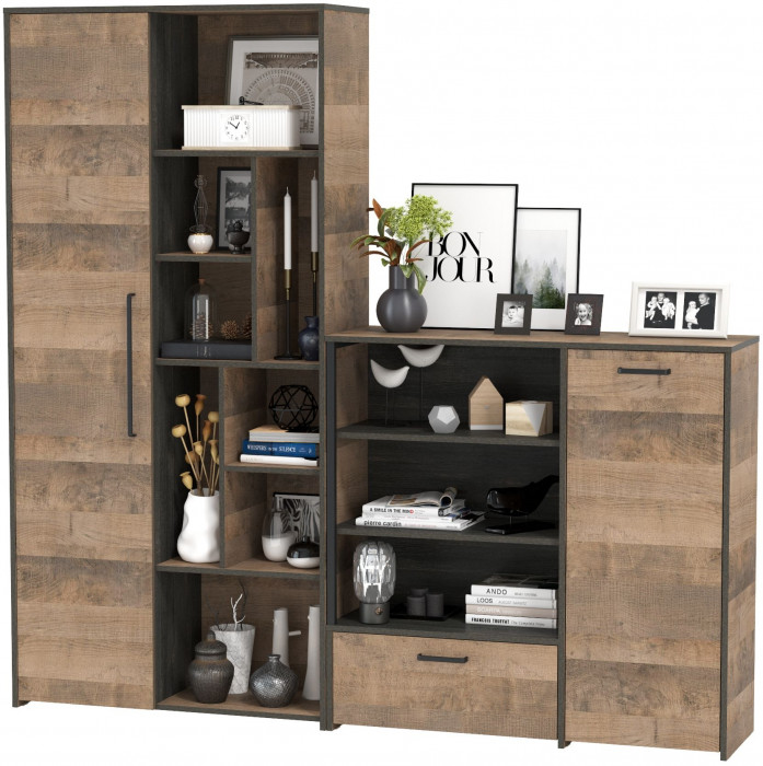 Трувор 13.206 Шкаф-стеллаж + 13.307.01 Комод, цвет дуб гранж песочный/интра, ШхГхВ 202х37х194,2 см., универсальная сборка