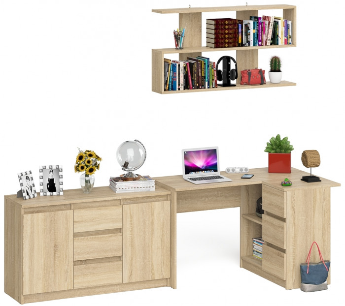 Мори компьютерный стол МС-16 правый + Комод МК1200.3 + Полка 1200, дуб сонома