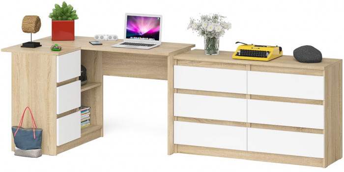 Мори Стол компьютерный МС-16 левый + Комод МК1200.6, цвет дуб сонома/белый, ШхГхВ 244,8х84,9х76,6 см., выдвижные ящики слев, НЕ универсальная сборкаа