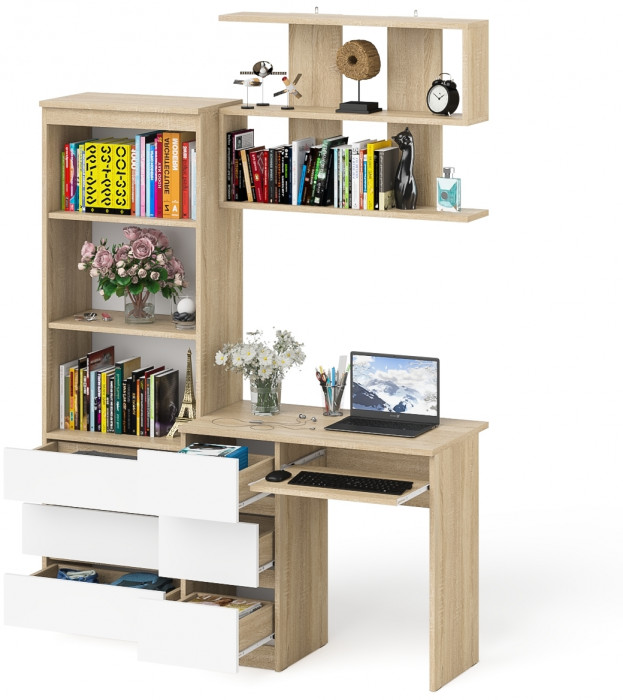 Мори Стол компьютерный МС-6 левый + Стеллаж МСТ600.3 + Полка 900, цвет дуб сонома/белый, ШхГхВ 150,4х50х209,6 см., НЕ универсальная сборка