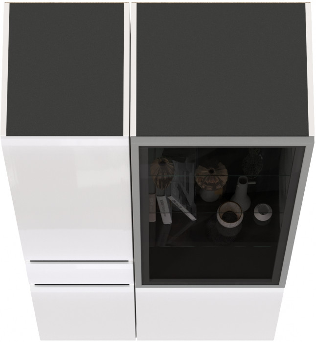 Сидней 13.202 Шкаф с ящиком + Шкаф-витрина 13.201, корпус: белый/чёрный/фасады: МДФ белый глянец/стекло