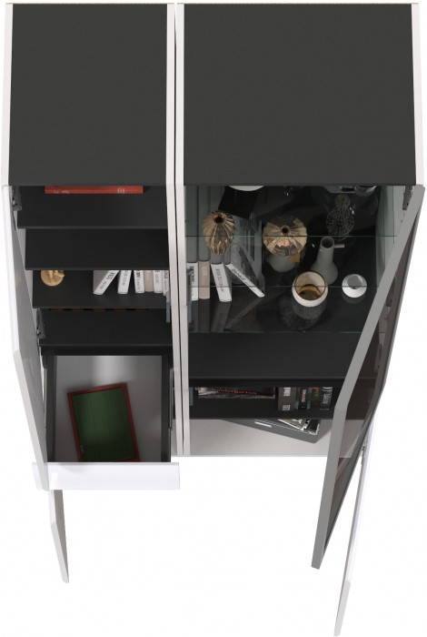 Сидней 13.202 Шкаф с ящиком + Шкаф-витрина 13.201, корпус: белый/чёрный/фасады: МДФ белый глянец/стекло