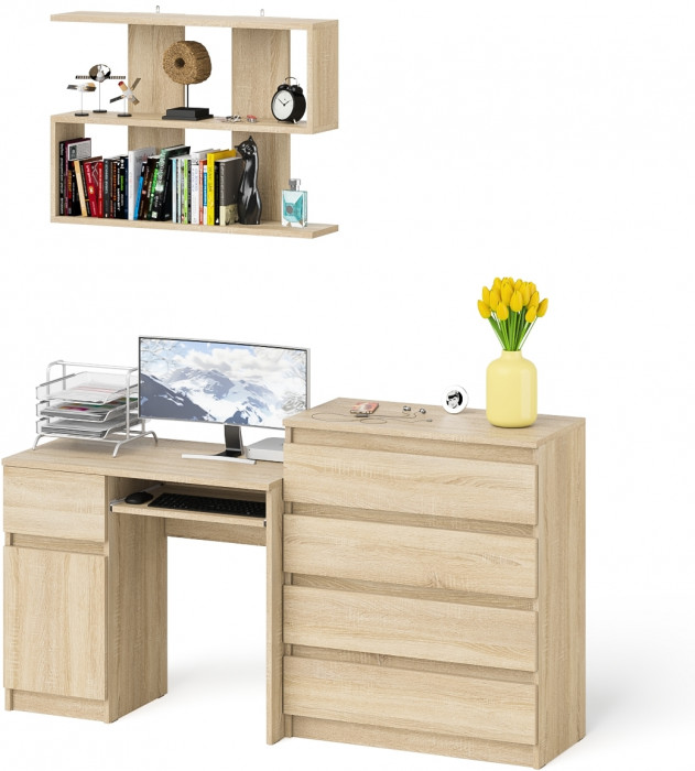 Мори компьютерный стол МС-1 левый + Комод МК800.4 + Полка 900, дуб сонома