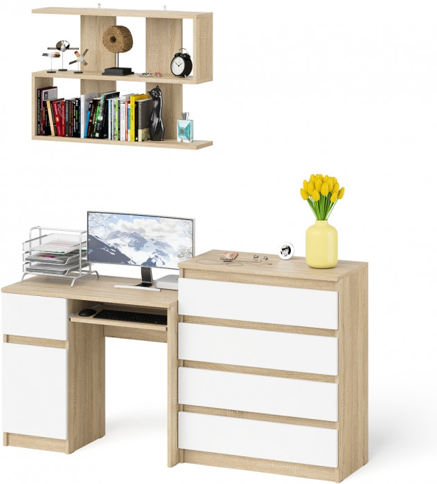 Мори компьютерный стол МС-1 левый + Комод МК800.4 + Полка 900, дуб сонома/белый
