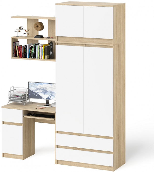 Мори компьютерный стол МС-1 левый + Шкаф МШ900.1 + Антресоль МА900.1 + Полка 900, дуб сонома/белый