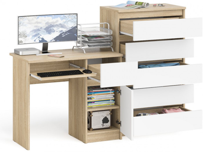 Мори компьютерный стол МС-1 правый + Комод МК700.5, дуб сонома/белый