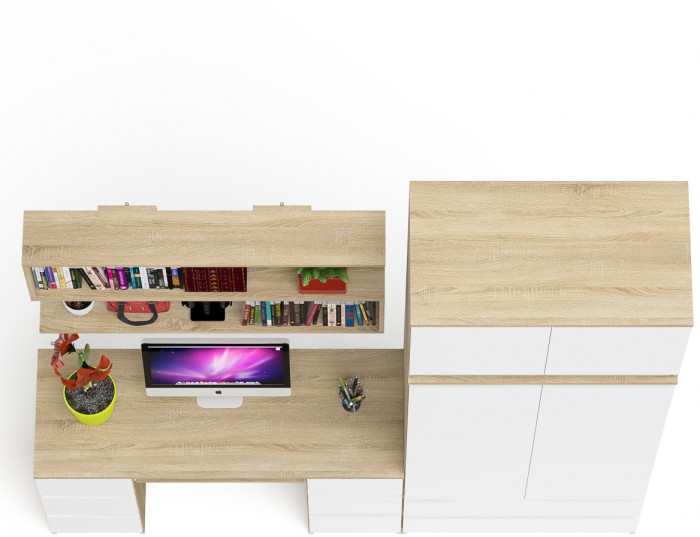 Мори компьютерный стол МС-2 + Шкаф МШ900.1 + Антресоль МА900.1 + Полка 1200, дуб сонома/белый