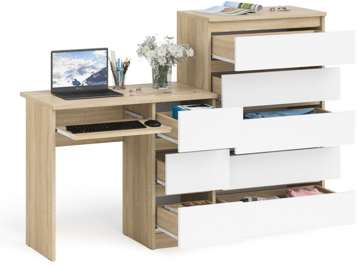Мори компьютерный стол МС-6 правый + Комод МК700.5, дуб сонома/белый