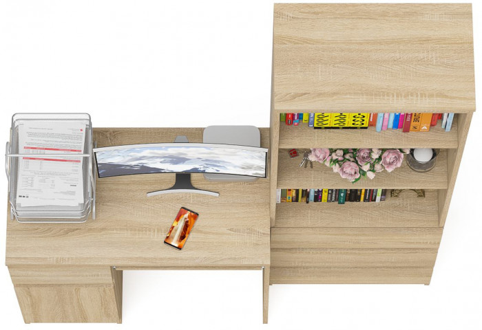 Мори Стол компьютерный МС-1 левый + Стеллаж МСТ600.3, цвет дуб сонома, ШхГхВ 150,4х50х179,6 см., выдвижной ящик слева, НЕ универсальная сборка