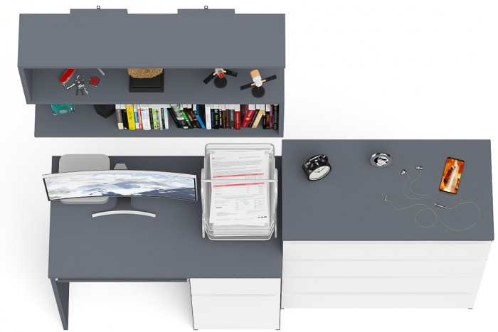 Мори компьютерный стол МС-1 правый + Комод МК800.4 + Полка 900, графит/белый