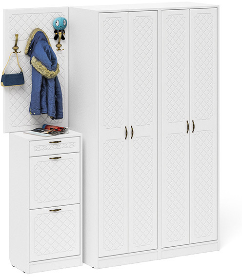 Прихожая П-6 Компоновка № 15, цвет белая шагрень/фасады МДФ белое дерево фрезеровка ромб, ШхГхВ 180х50х210 см., универсальная сборка