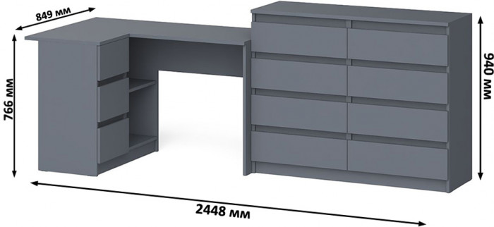 Мори Стол компьютерный МС-16 левый + Комод МК1200.8, цвет графит, ШхГхВ 244,8х84,9х94 см., выдвижные ящики слева, НЕ универсальная сборка