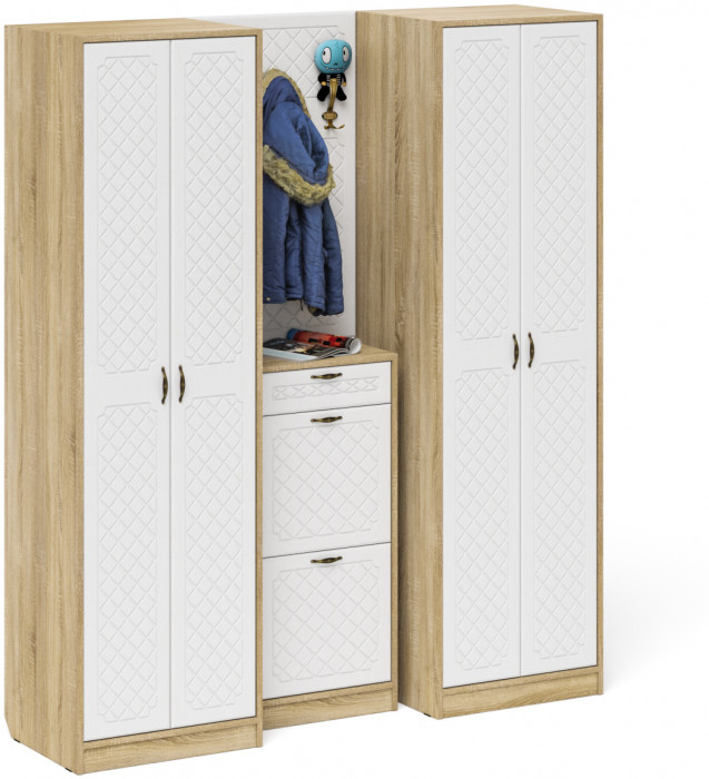 Прихожая П-6 Компоновка № 15, дуб сонома/фасады МДФ белое дерево фрезеровка ромб