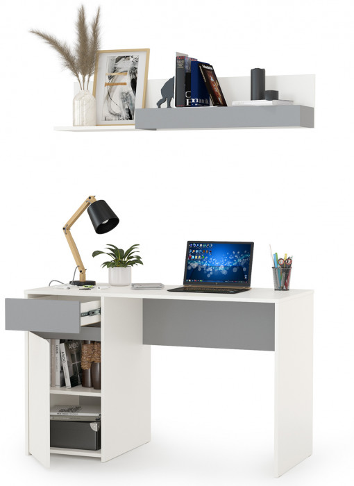 Торонто 12.149 Стол + 16.475 Полка, белый шагрень/стальной серый