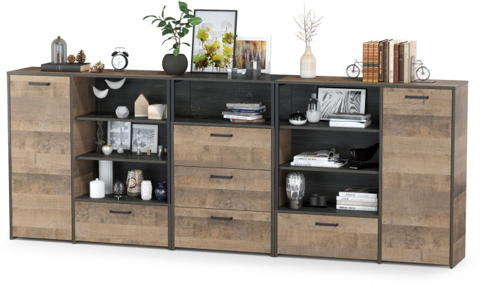 Трувор 13.307.01 Комод + 13.307.02 Комод с ящиками + 13.307.01 Комод, дуб гранж песочный/интра