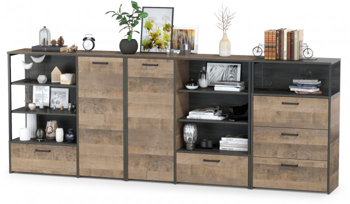 Трувор 13.307.01 Комод + 13.307.02 Комод с ящиками + 13.307.01 Комод, дуб гранж песочный/интра