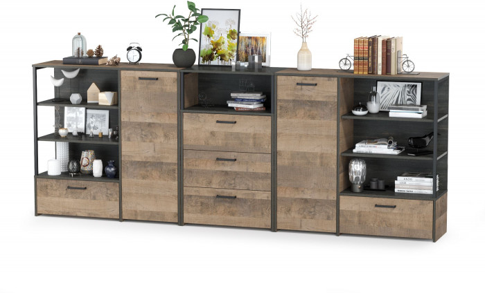 Трувор 13.307.01 Комод + 13.307.02 Комод с ящиками + 13.307.01 Комод, дуб гранж песочный/интра