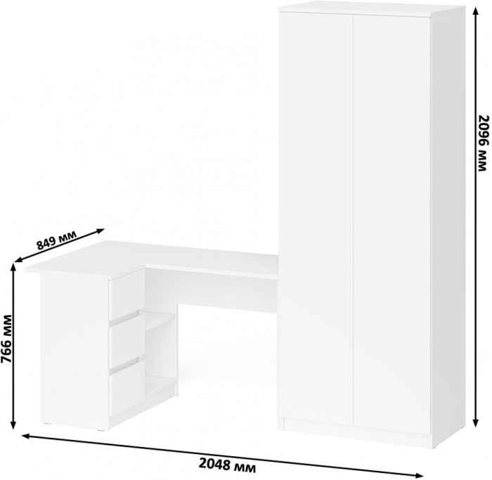 Мори компьютерный стол МС-16 левый + Шкаф МШ800.1, белый