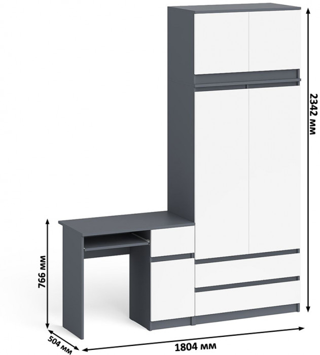 Мори компьютерный стол МС-1 правый + Шкаф МШ900.1 + Антресоль МА900.1, графит/белый