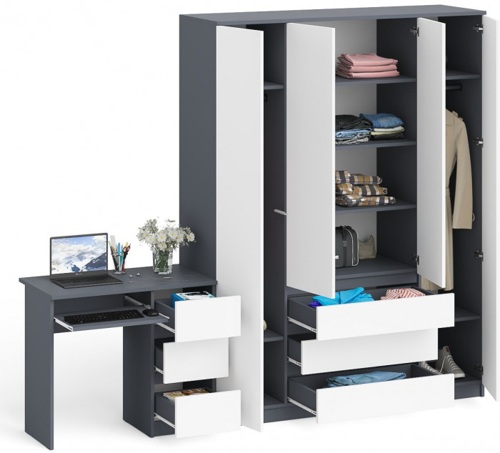 Мори компьютерный стол МС-6 правый + Шкаф МШ1600.1, графит/белый