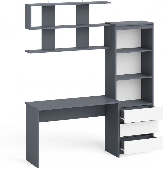 Мори Стол письменный МСП1200.1 + Стеллаж МСТ600.3 + Полка 1200, цвет графит/белый, ШхГхВ 180,8х50х209,6 см., универсальная сборка