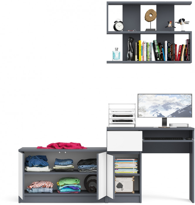 Мори Стол компьютерный МС-1 левый + Тумба МА900.1 + Полка 900, цвет графит/белый, ШхГхВ 180,4х50,4х209,6 см., НЕ универсальная сборка