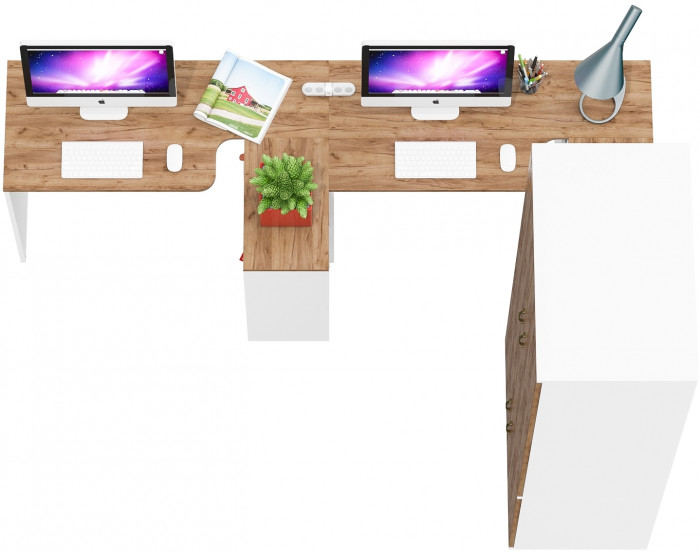 Лидер-8 Стол + Стол + Шкаф МД 19Б, белый шагрень/крафт золото