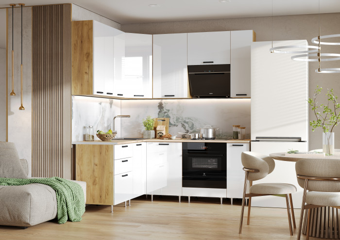 Кухня Рио NEW ЛДСП 1,6х2,0/900м (490), Компановка №2, Крафт/Белый глянец