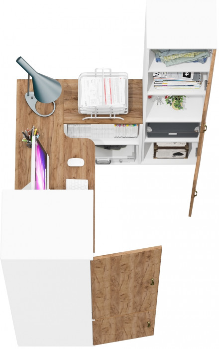 Лидер-8 Пенал МД 23Б + Стол + Пенал, цвет белый шагрень/крафт золото, ШхГхВ 245х50/30х75/190 или 155х120/50х75/190 см., НЕ универсальная сборка