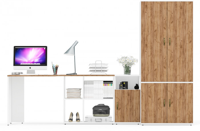 Лидер-8 Стол + Тумба МД 3.19 + Шкаф МД 19Б, цвет белый шагрень/крафт золото, ШхГхВ 285х50/37,5х75/190 или 115х200/50х75/190 см., НЕ ун. сборка