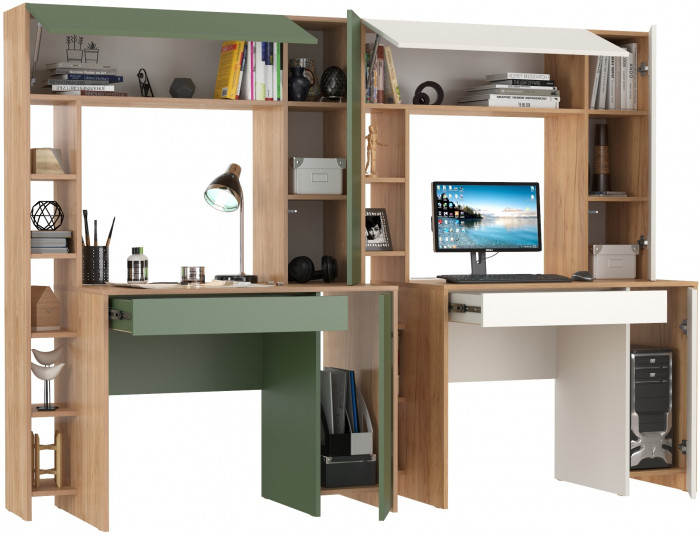 Два стола компьютерных Комфорт 12.71, цвет гикори рокфорд натуральный/дымчатый зелёный/дуб золотой/белый, ШхГхВ 233,4х60,2х165,4 см., НЕ ун. сб.