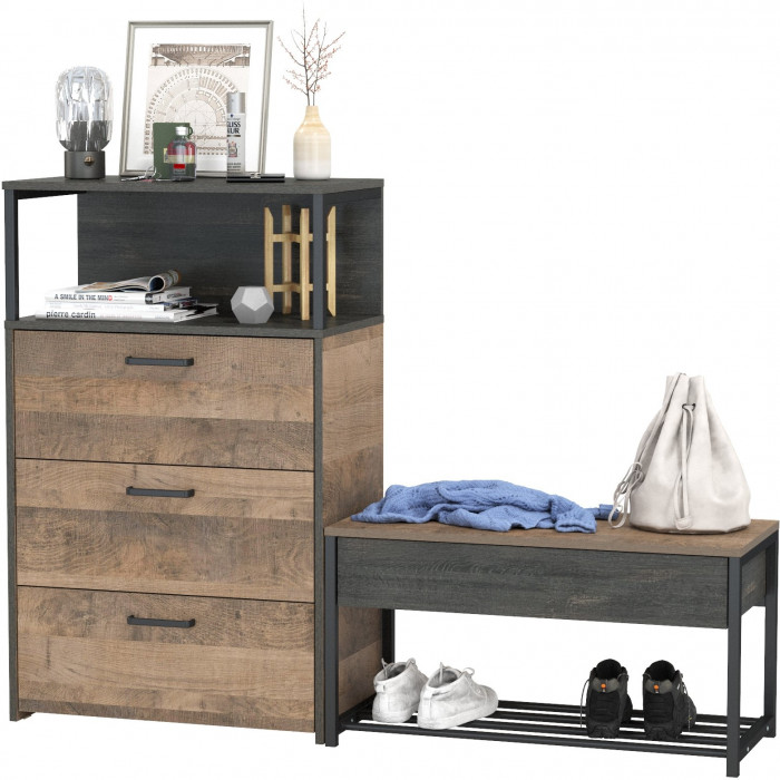 Трувор 13.241.03 Тумба для обуви + 13.307.02 Комод с ящиками, цвет дуб гранж песочный/интра, ШхГхВ 146х37х106,9 см., универсальная сборка