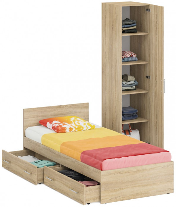 Кровать с ящиками 0900 + Пенал Стандарт, цвет дуб сонома, ШхГхВ 93,5х203,5х70 + 45х52х200 см., сп.м. 900х2000 мм., без матраса, основание есть
