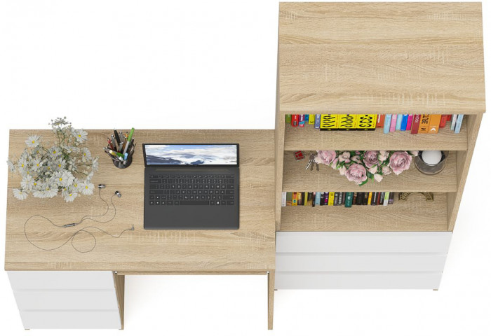 Мори Стол компьютерный МС-6 левый + Стеллаж МСТ600.3, цвет дуб сонома/белый, ШхГхВ 150,4х50х179,6 см., выдвижные ящики слева, НЕ универсальная сборка