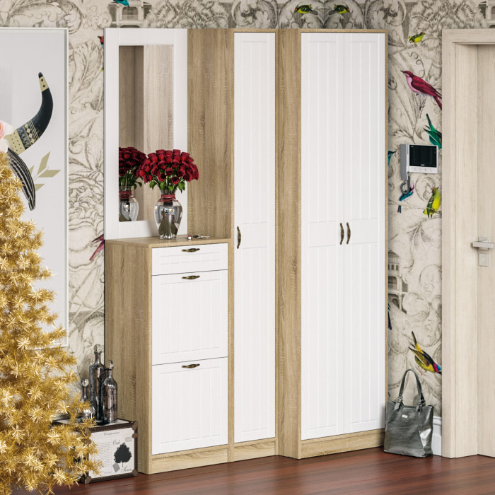 Прихожая П-6 Тумба для обуви 2 секции + Зеркало, цвет дуб сонома/фасады МДФ белое дерево фрезеровка прованс, ШхГхВ 50х35х210 см.