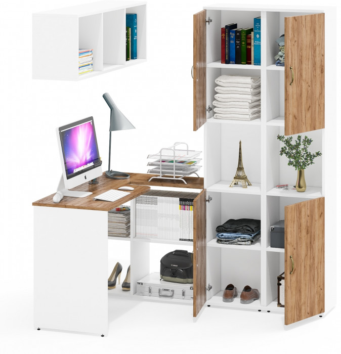 Лидер-8 Стол + Полка + Пенал + Пенал, белый шагрень/крафт золото