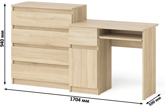 Мори компьютерный стол МС-1 левый + Комод МК800.4, дуб сонома